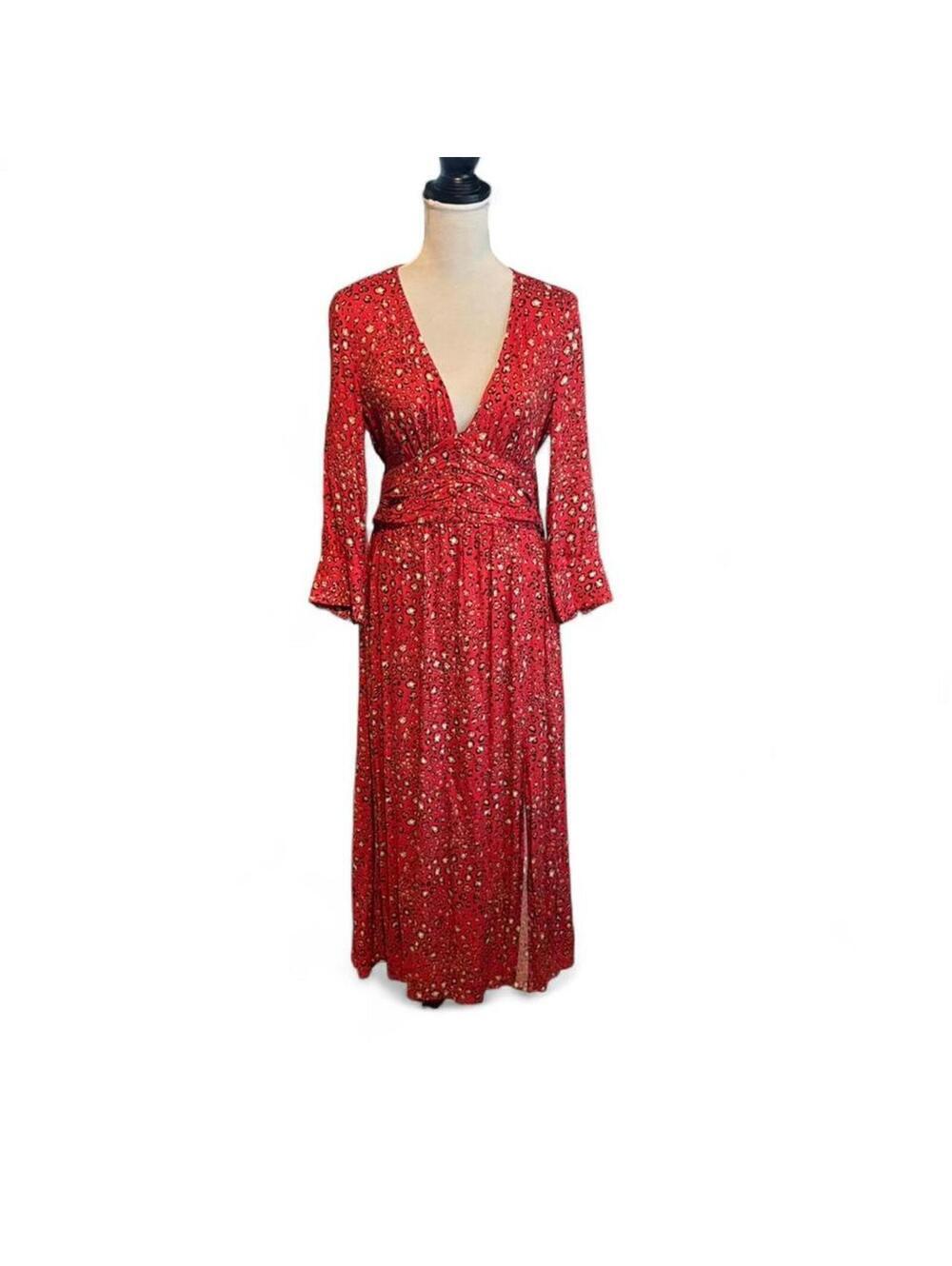 Zara red tiny leopard print maxi dress with slit. Size M NWOT